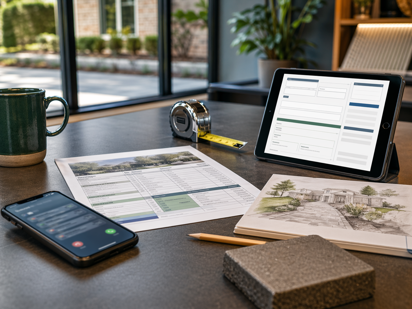 Contractor planning table with phone, tablet, estimate notes, and job materials