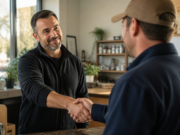 Local business owner shaking hands after a practical workflow consultation