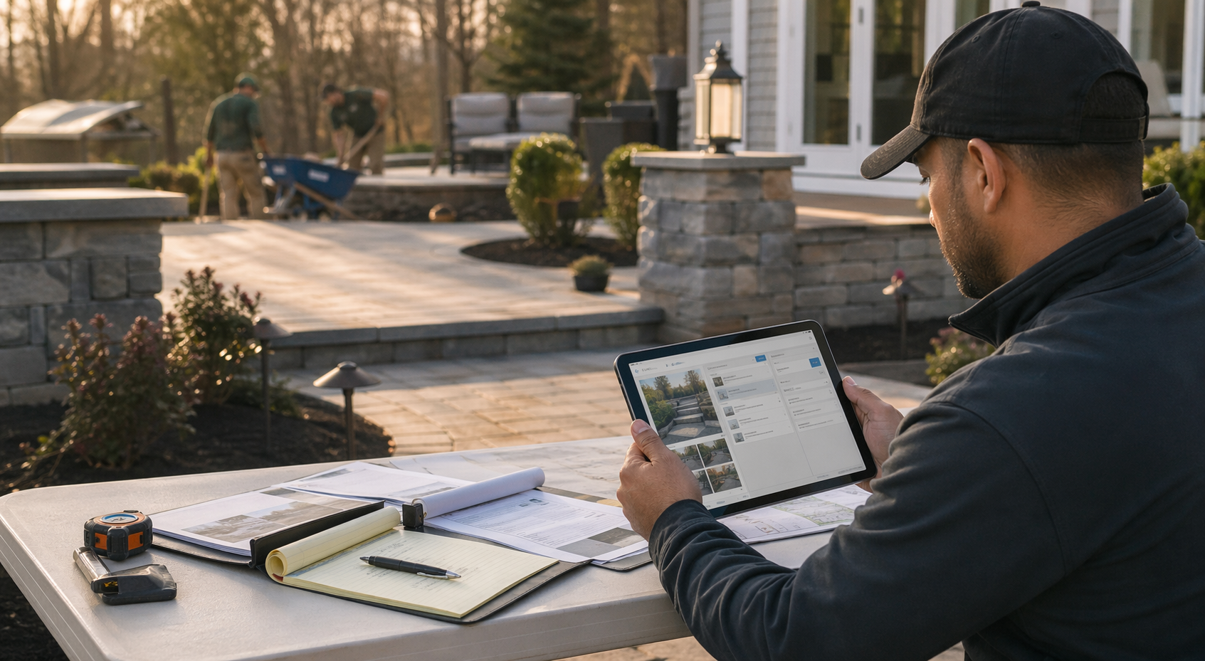 Landscape contractor reviewing an organized intake dashboard at a patio jobsite